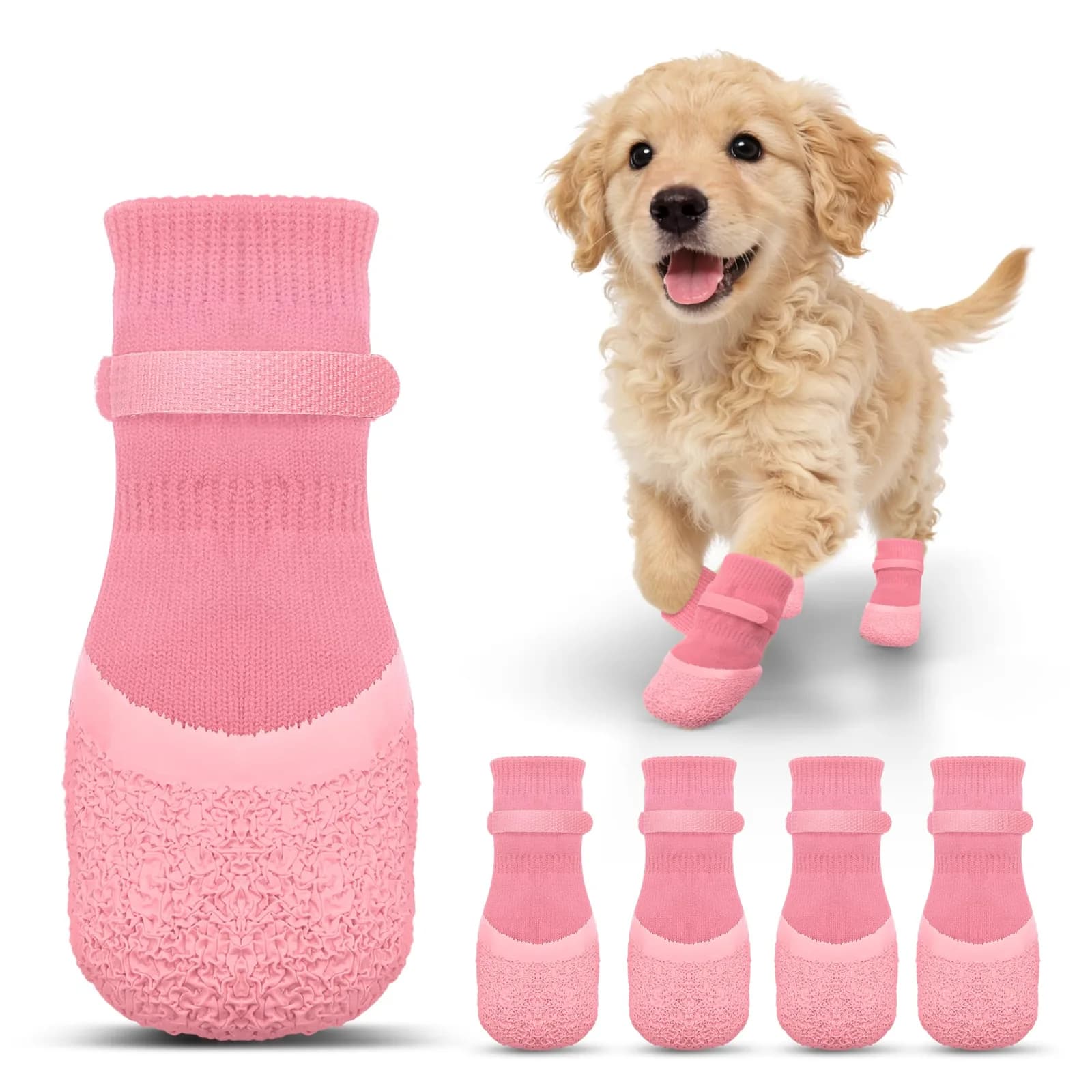 Pink Grip Socks: a close-up of one sock, a puppy wearing them and the pack of four